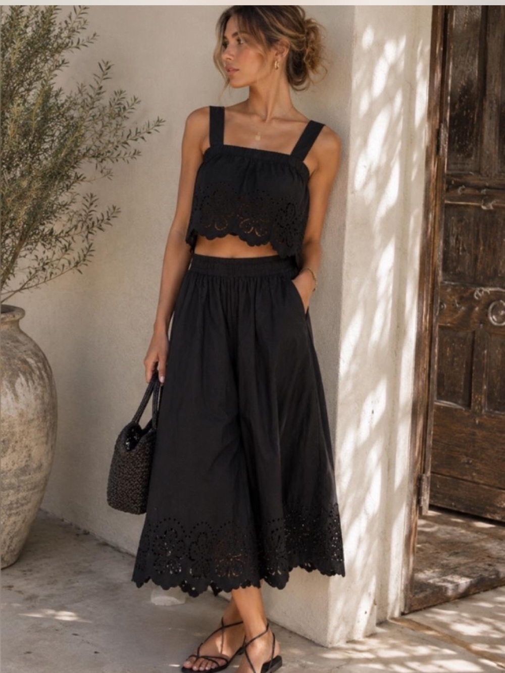 Caroline Constas Black Eyelet Two-Piece Jumpsuit Style Set XS